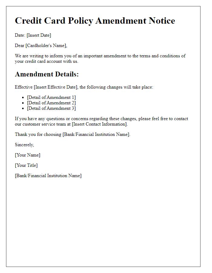 Letter template of credit card policy amendment notice.