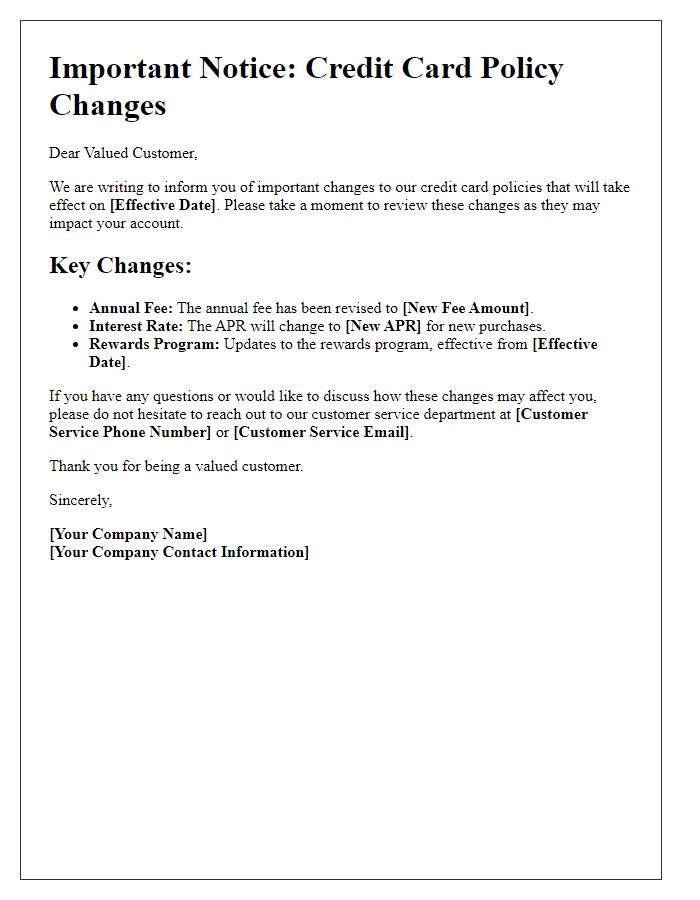 Letter template of credit card policy changes alert.