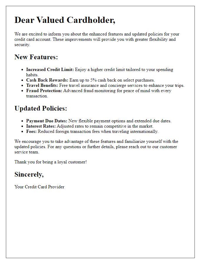 Letter template of enhanced credit card features and policies.