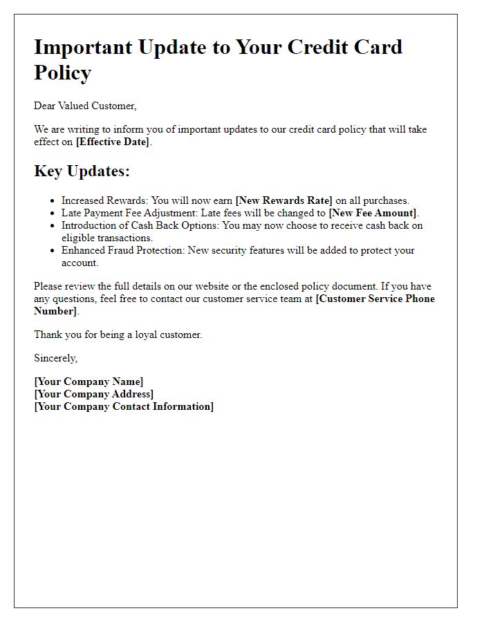 Letter template of important updates to your credit card policy.