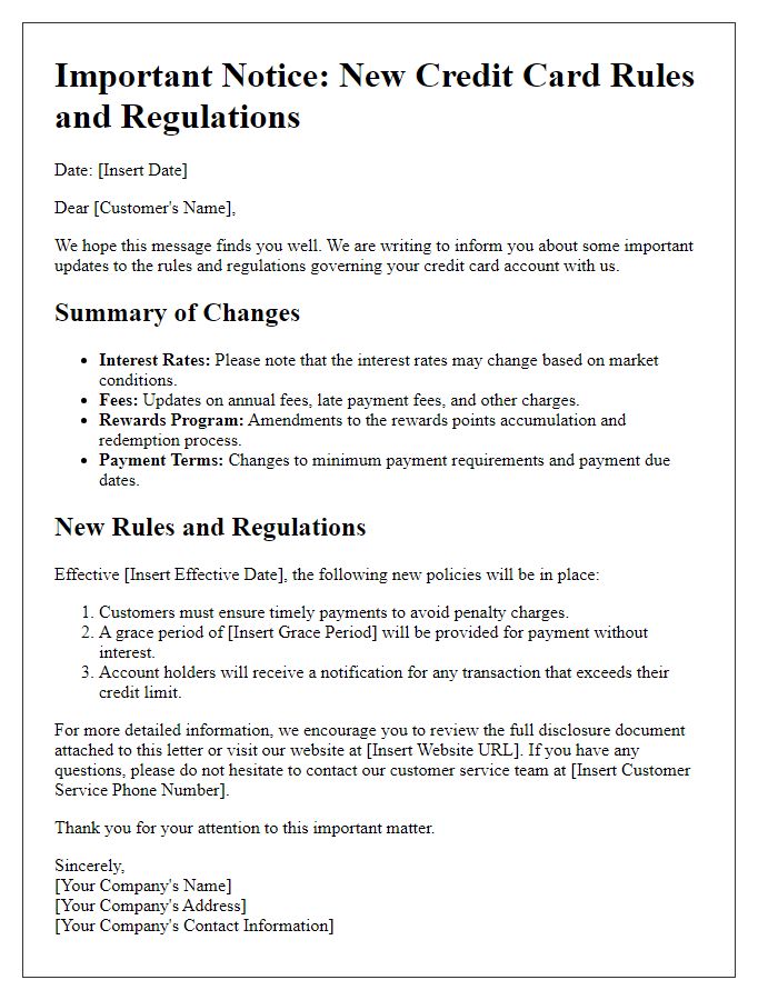 Letter template of new credit card rules and regulations disclosure.