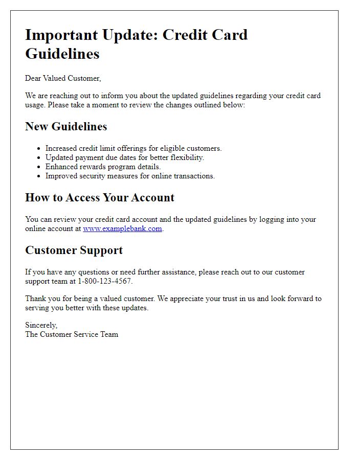 Letter template of updated credit card guidelines communication.