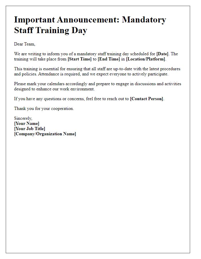 Letter template of announcement for mandatory staff training day