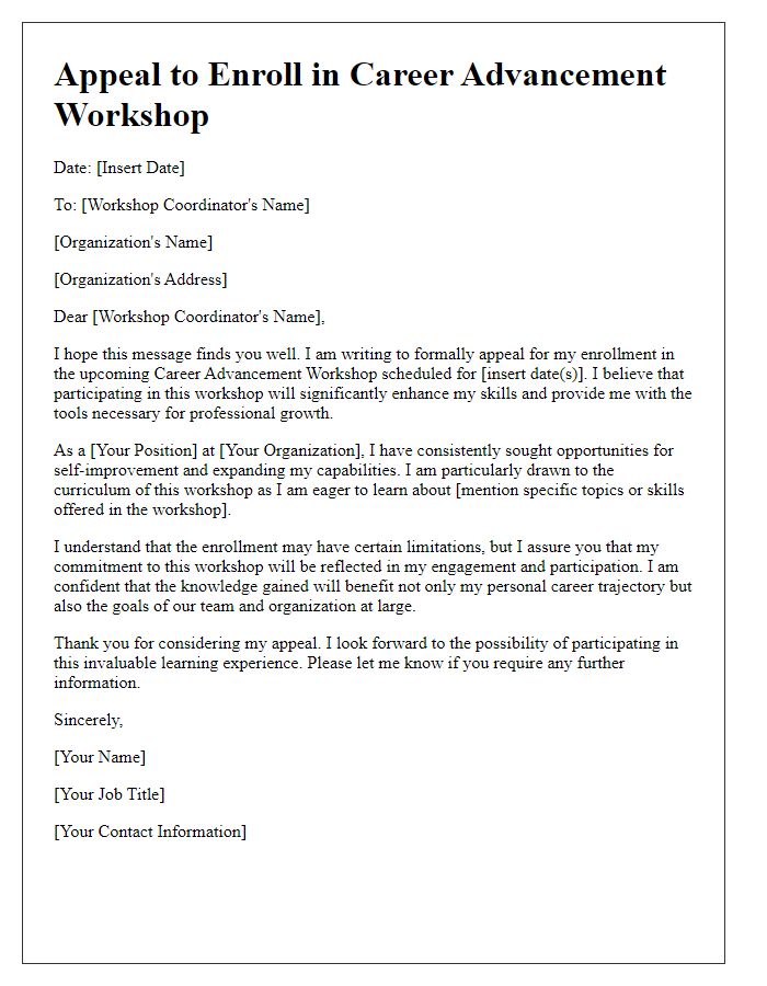 Letter template of appeal to enroll in career advancement workshop