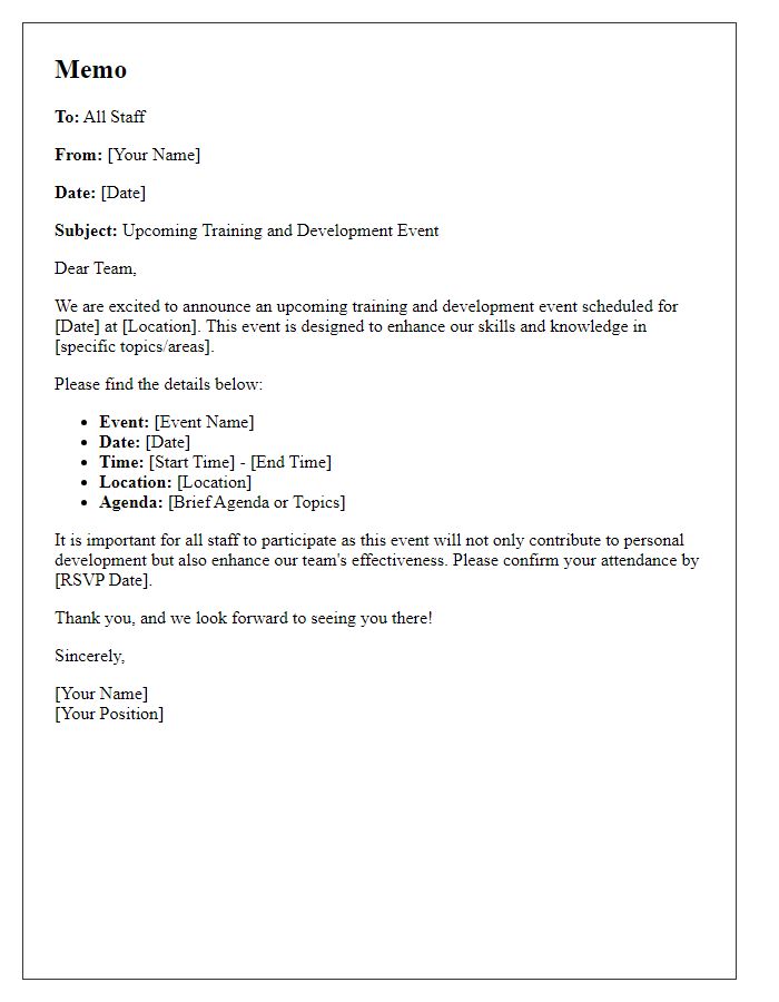 Letter template of memo for upcoming training and development event