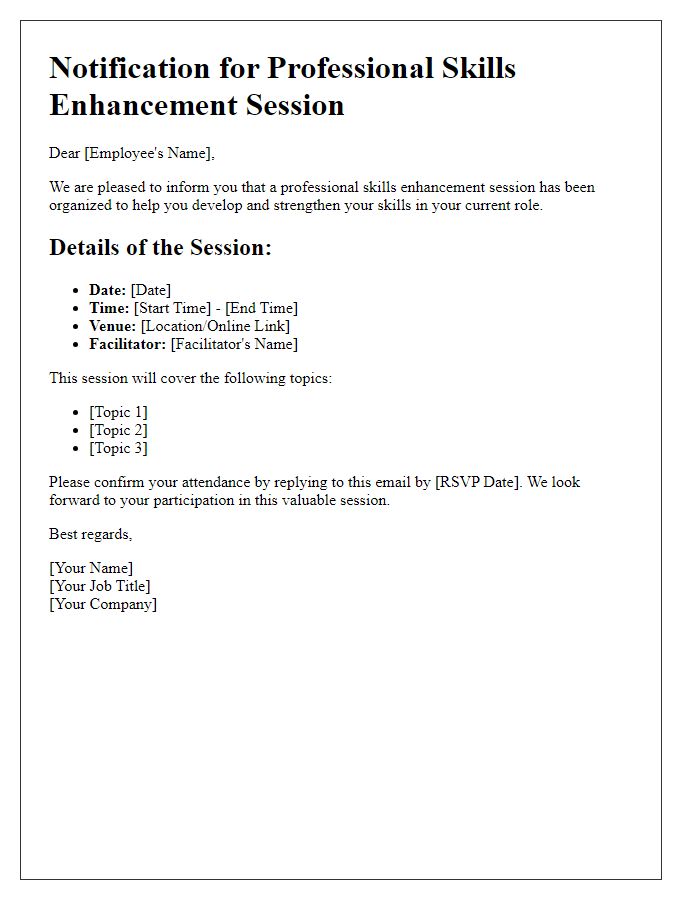 Letter template of notification for professional skills enhancement session