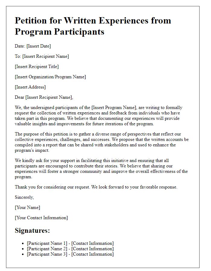 Letter template of petition for written experiences from program participants