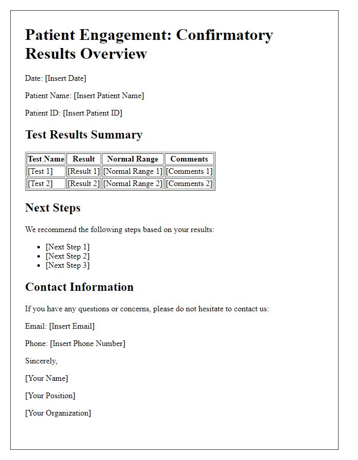 Letter template of confirmatory results overview for patient engagement.