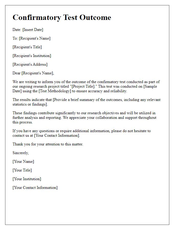 Letter template of confirmatory test outcome for research purposes.