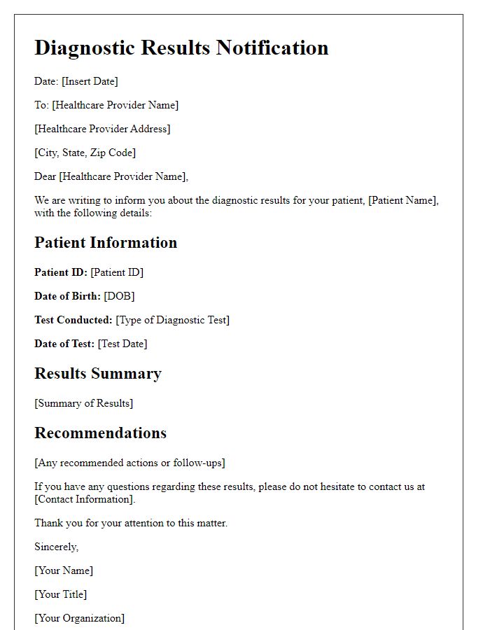 Letter template of diagnostic results notification to healthcare providers.