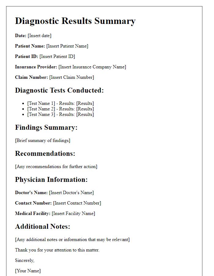 Letter template of diagnostic results summary for insurance companies.