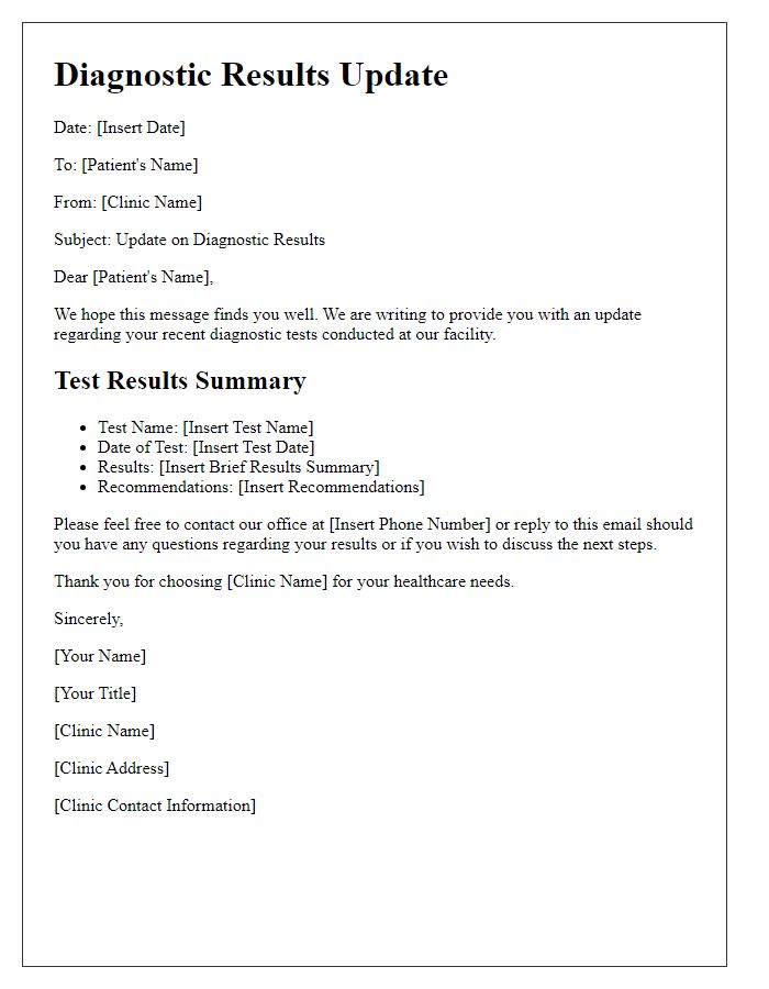 Letter template of diagnostic results update for specialty clinics.