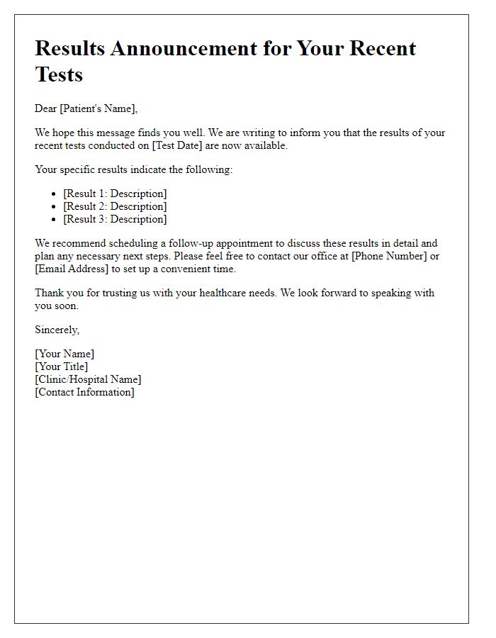 Letter template of results announcement for personalized patient follow-up.