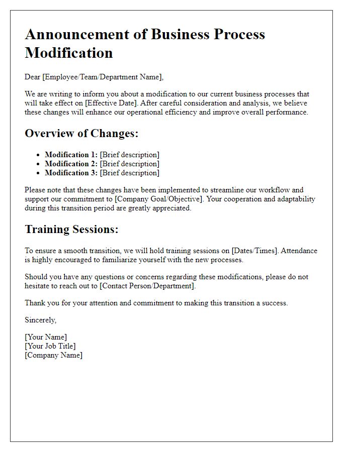 Letter template of business process modification announcement