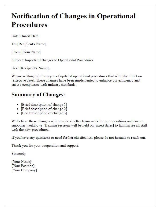 Letter template of changes in operational procedures