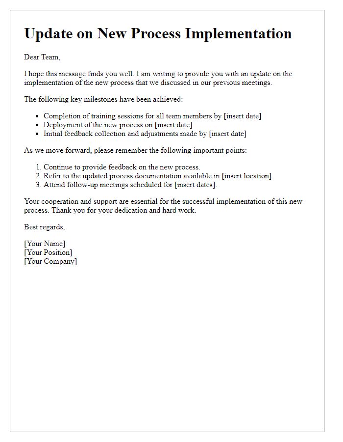 Letter template of new process implementation update
