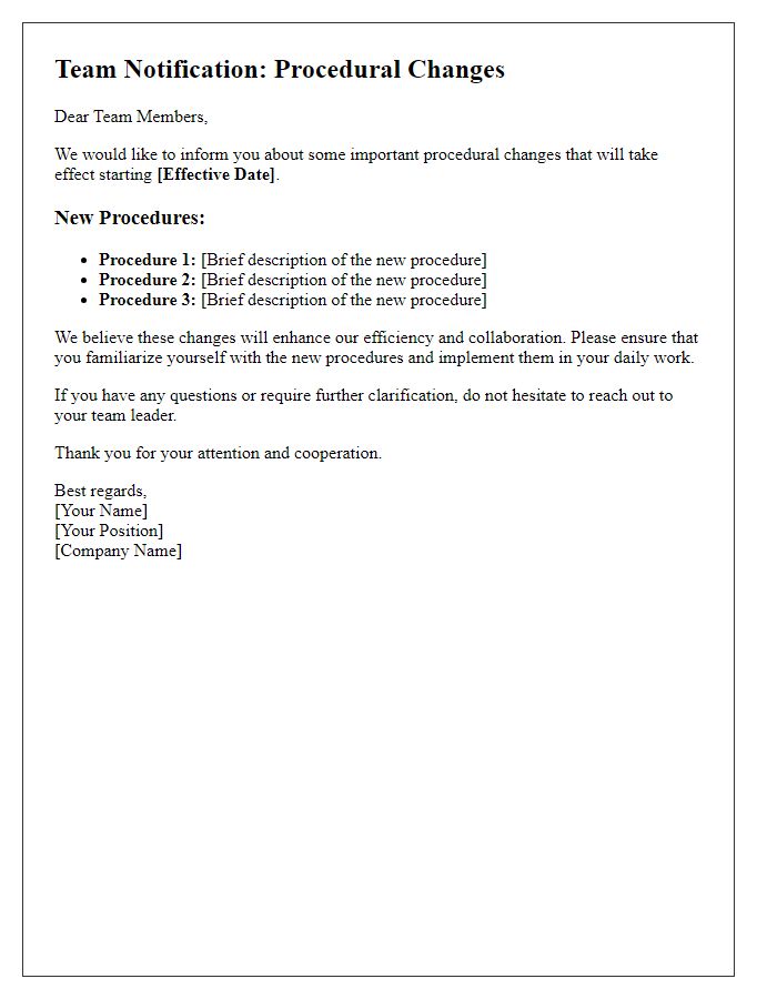 Letter template of procedural changes for team members