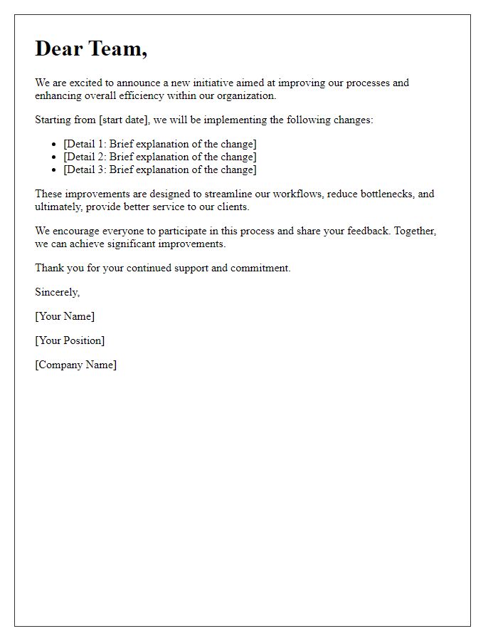 Letter template of process improvement announcement