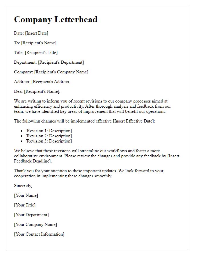 Letter template of revisions in company processes