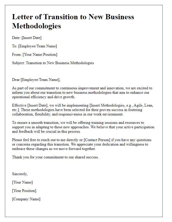 Letter template of transition to new business methodologies