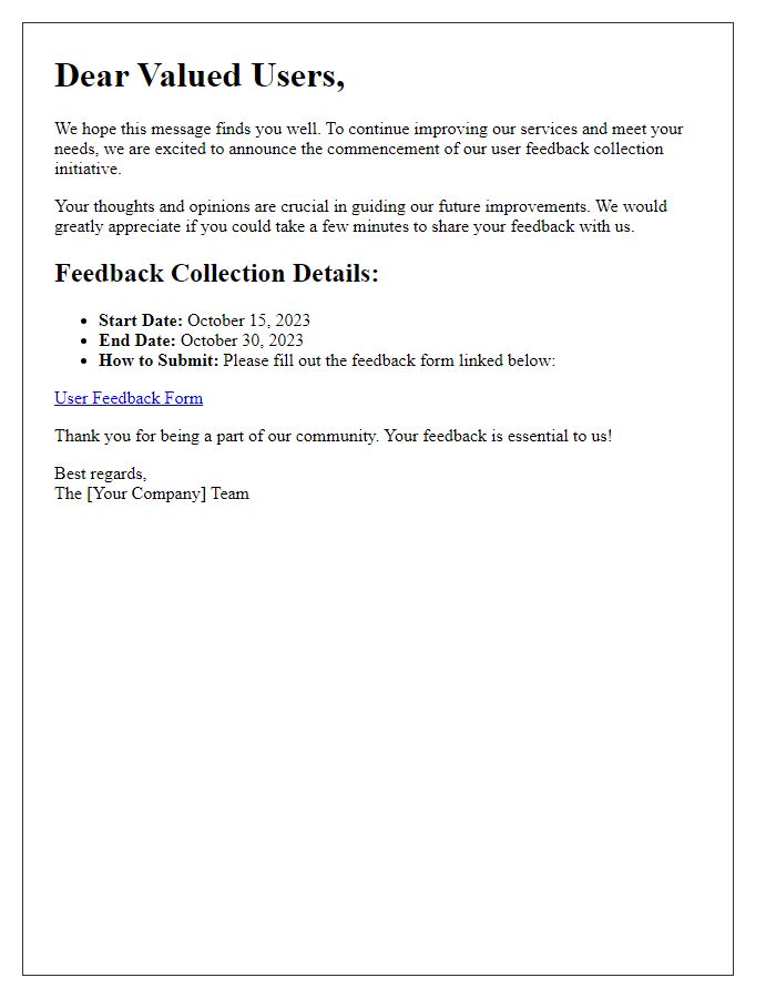 Letter template of user feedback collection announcement