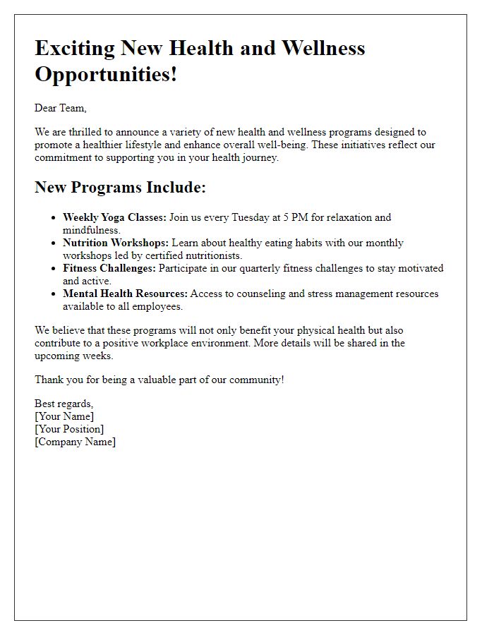 Letter template of Announcing Exciting New Health and Wellness Opportunities