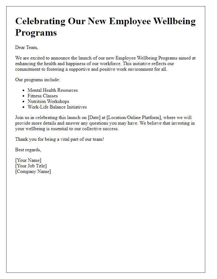 Letter template of Celebrating Our New Employee Wellbeing Programs