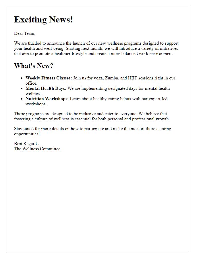 Letter template of Exciting News: New Wellness Programs for Our Team