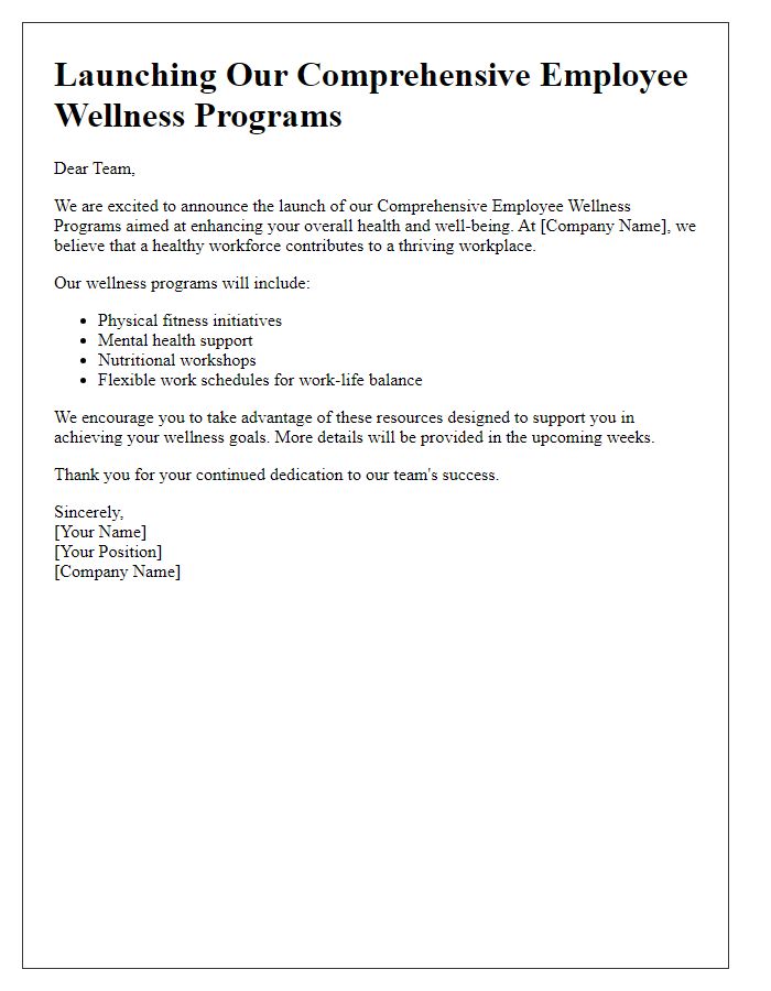 Letter template of Launching Our Comprehensive Employee Wellness Programs