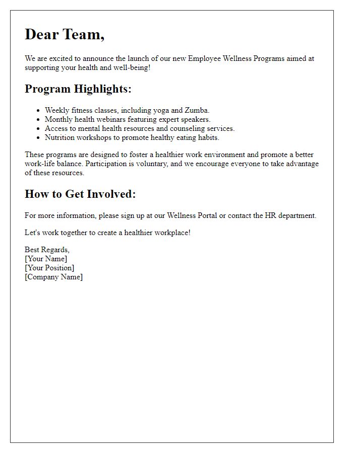 Letter template of Rolling Out Employee Wellness Programs to Support You