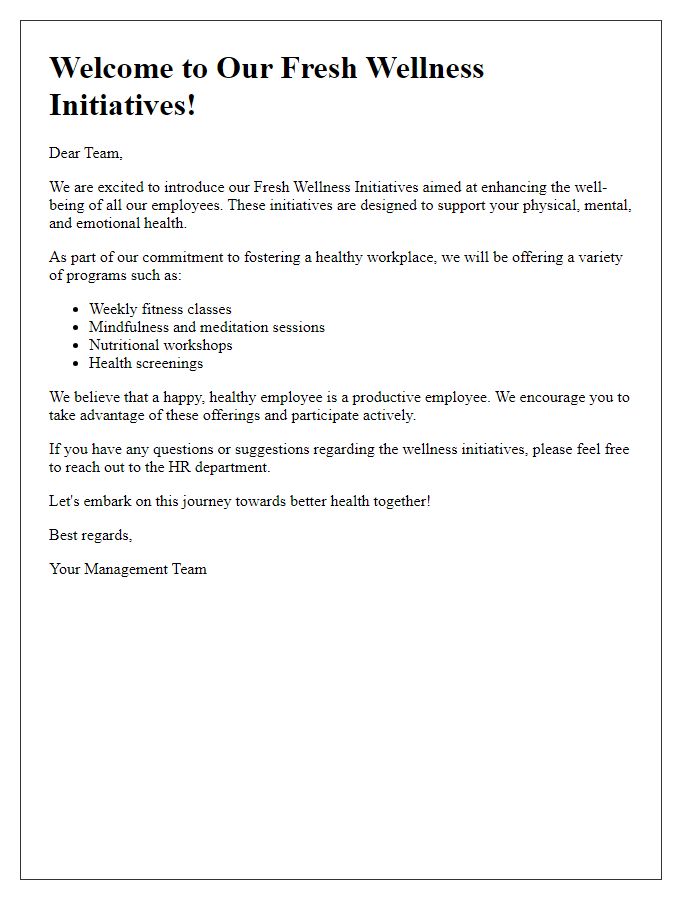 Letter template of Welcoming Our Employees to Fresh Wellness Initiatives