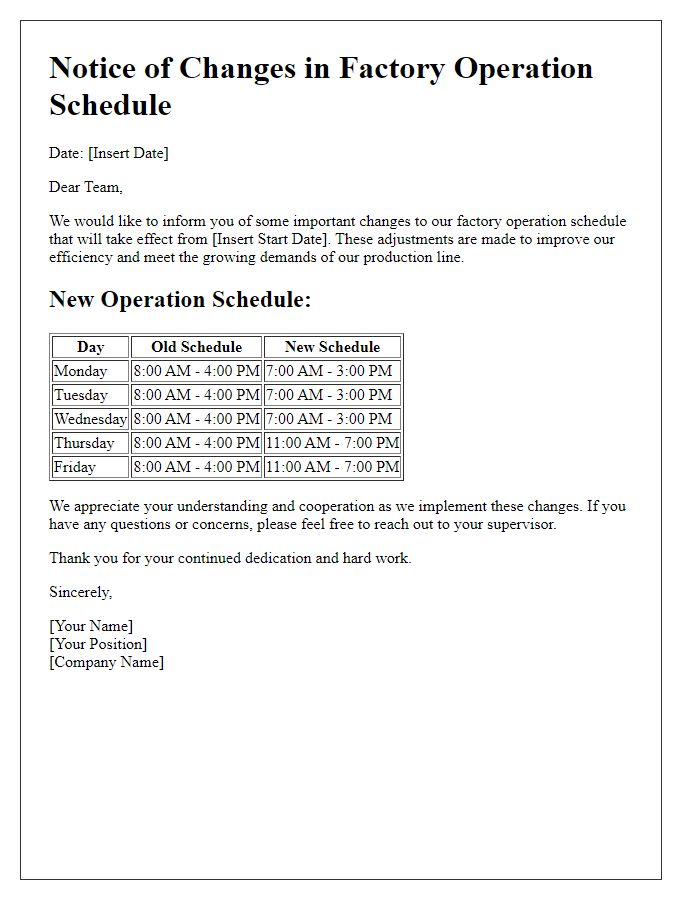 Letter template of changes in our factory operation schedule.