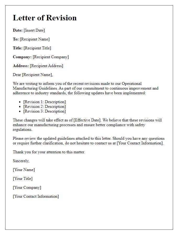 Letter template of revisions in operational manufacturing guidelines.