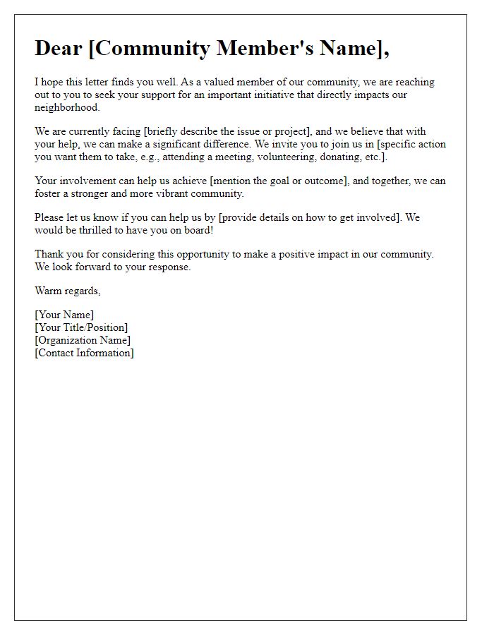 Letter template of call to action for community support