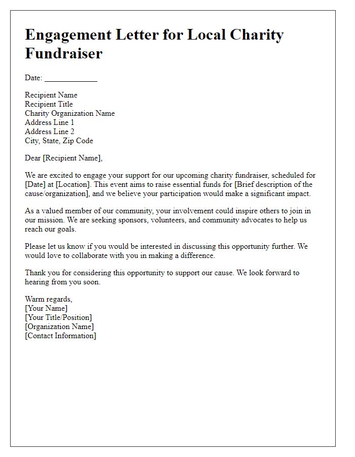 Letter template of engagement for local charity fundraiser