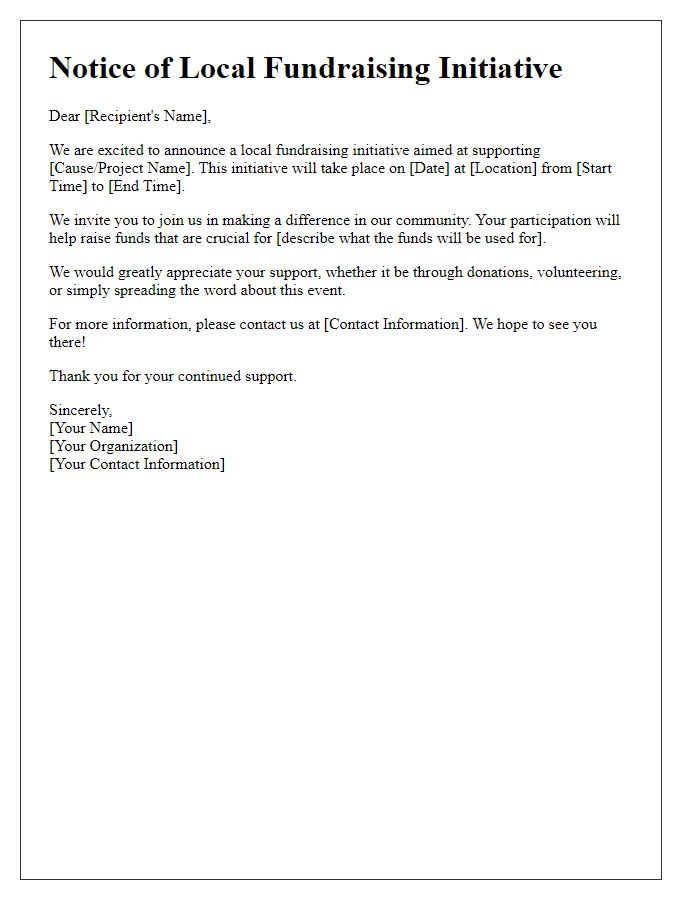 Letter template of notice for local fundraising initiative