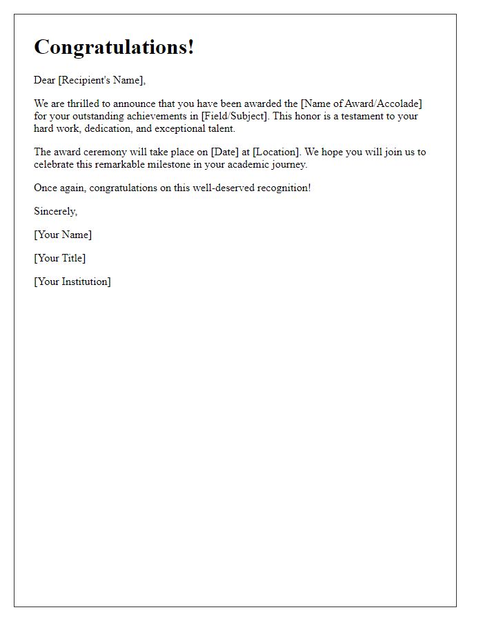 Letter template of academic accolade announcement