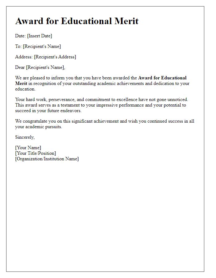 Letter template of award for educational merit