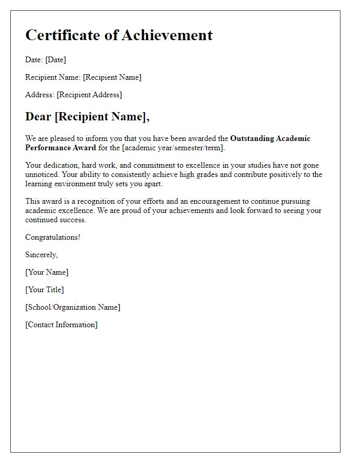 Letter template of award for outstanding academic performance