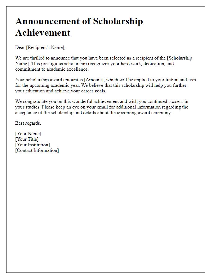 Letter template of scholarship achievement announcement