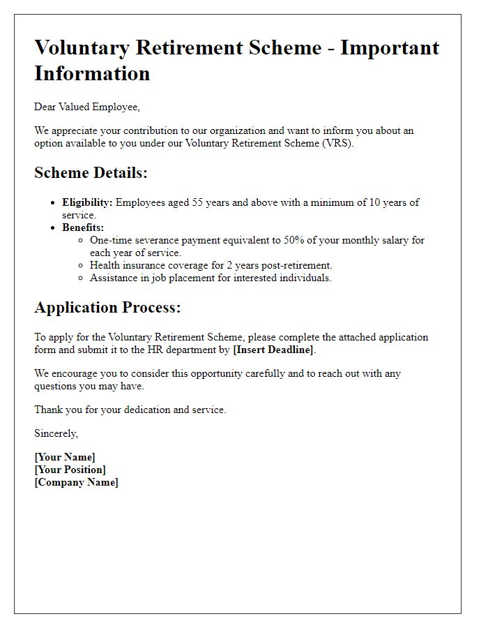 Letter template of voluntary retirement scheme details for valued employees.