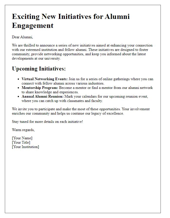 Letter template of alumni engagement announcement for new initiatives.