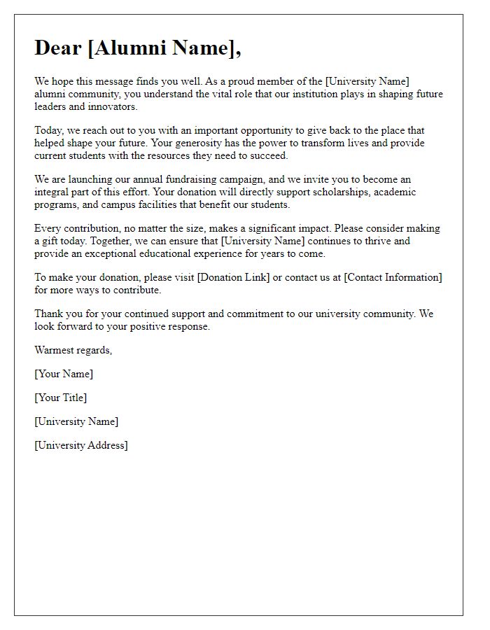 Letter template of alumni engagement appeal for donations.