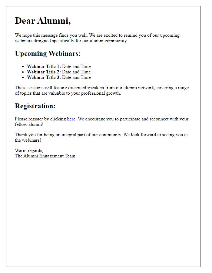 Letter template of alumni engagement reminder for upcoming webinars.