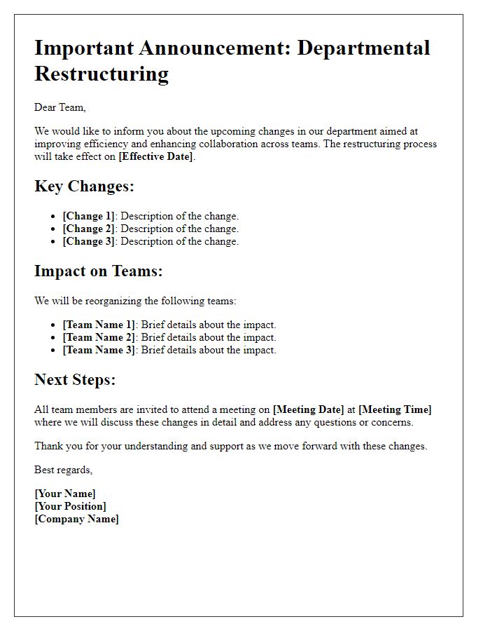 Letter template of departmental restructuring details for teams