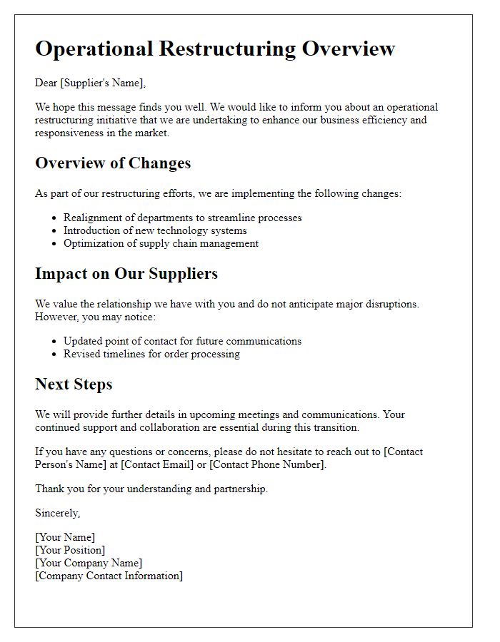 Letter template of operational restructuring overview for suppliers