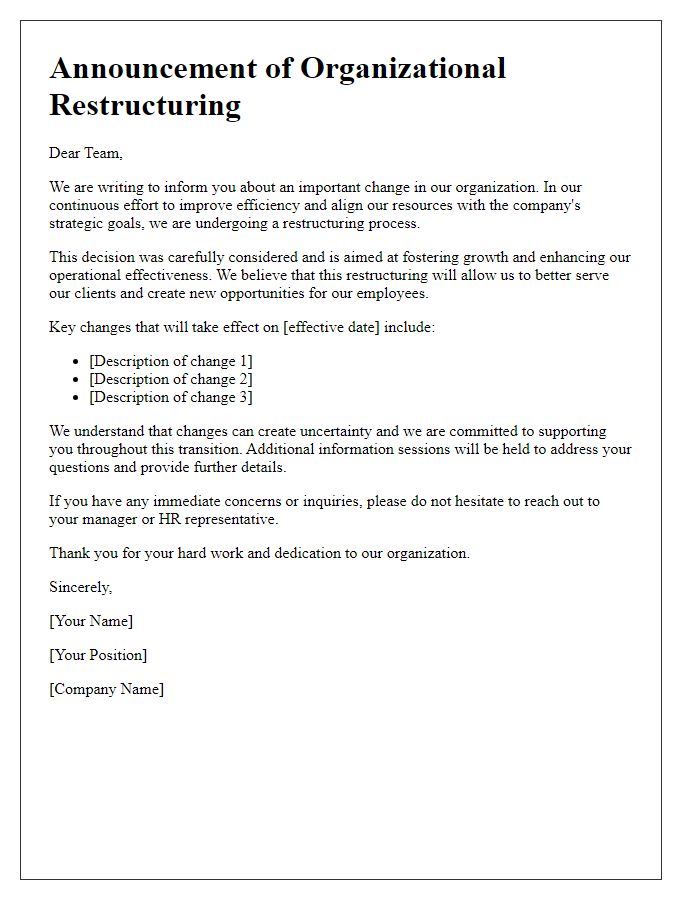 Letter template of organizational restructuring announcement for employees