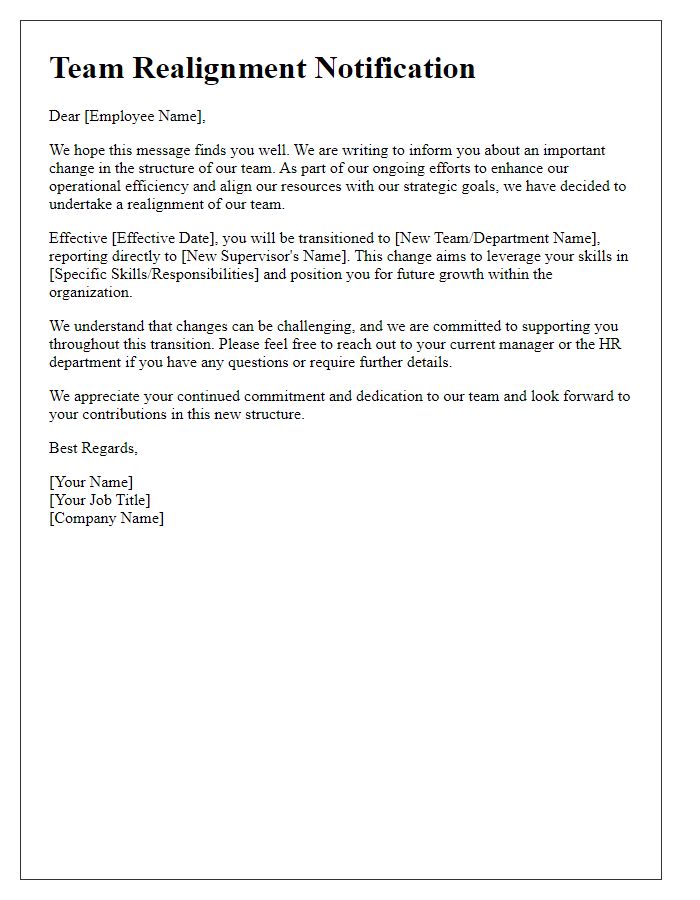 Letter template of team realignment notification for staff