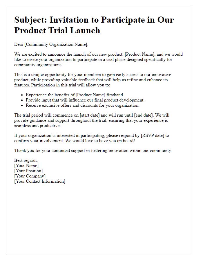 Letter template of product trial launch for community organizations.