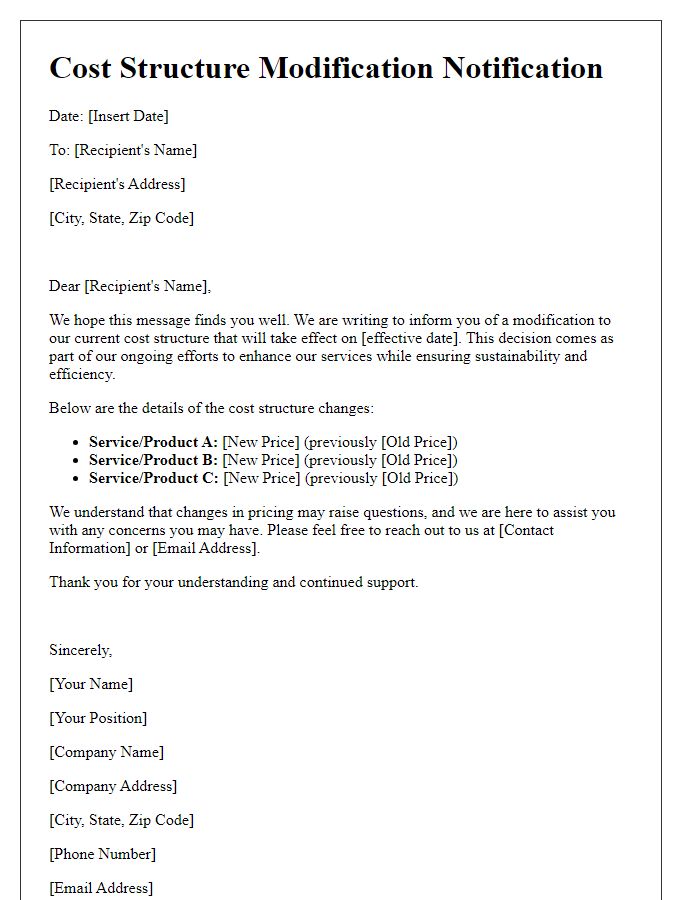 Letter template of cost structure modification